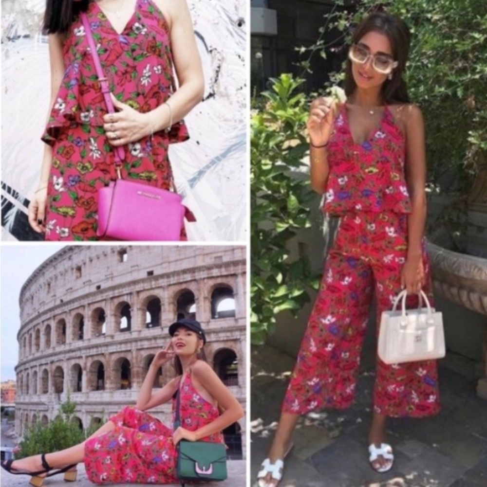 ZARA // hot pink floral halter open back jumpsuit - Picture 3 of 8